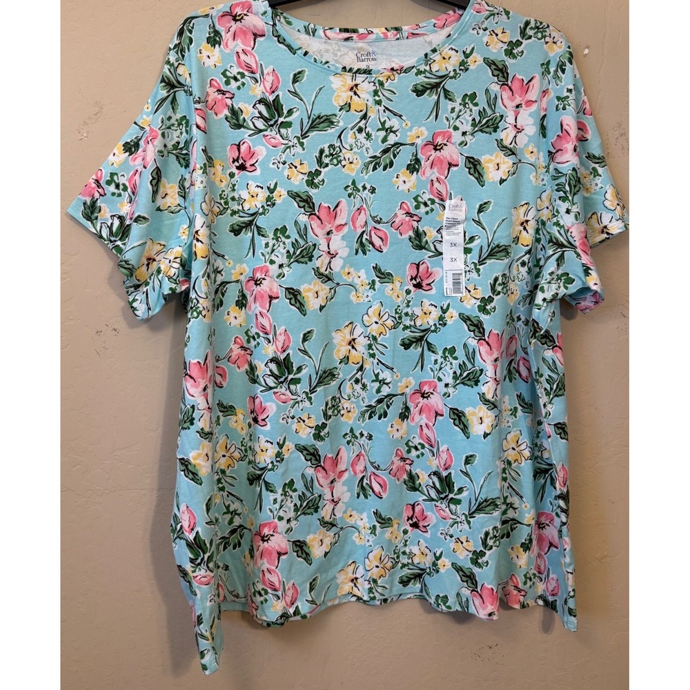 Croft & Barrow Classic Tee Shirt Women 3X Lt Blue Floral Short Sleeve Cotton NEW